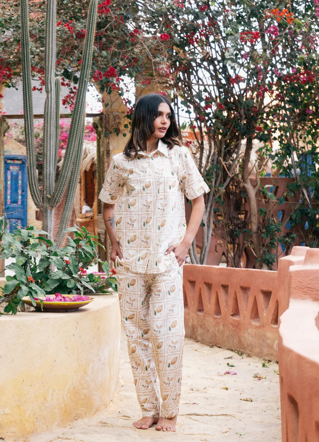 White Shirt Collar Abstract Printed Pure Cotton Night Suit - SanskrutiHomes 