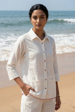White Solid Shirt Collar Pure Cotton Night Suit For Women