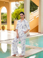 White Shirt Collar Pure Cotton Abstract Night Suit for Women - SanskrutiHomes 