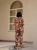 Coffee Brown Shirt Collar Pure Cotton Abstract Night Suit for Women - SanskrutiHomes 