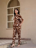 Coffee Brown Shirt Collar Pure Cotton Abstract Night Suit for Women - SanskrutiHomes 