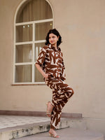 Coffee Brown Shirt Collar Pure Cotton Abstract Night Suit for Women - SanskrutiHomes 