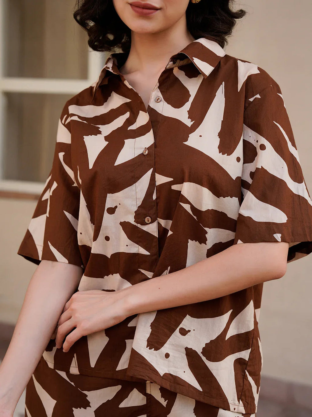 Coffee Brown Shirt Collar Pure Cotton Abstract Night Suit for Women - SanskrutiHomes 