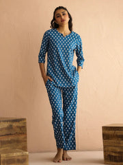 Blue Round Neck Viscose Rayon Printed Ethnic Motifs Night Suit for Women - SanskrutiHomes 