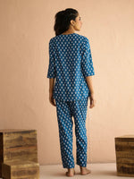 Blue Round Neck Viscose Rayon Printed Ethnic Motifs Night Suit for Women - SanskrutiHomes 