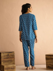Blue Round Neck Viscose Rayon Printed Ethnic Motifs Night Suit for Women - SanskrutiHomes 