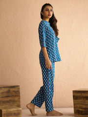 Blue Round Neck Viscose Rayon Printed Ethnic Motifs Night Suit for Women - SanskrutiHomes 