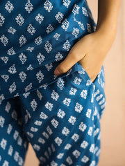 Blue Round Neck Viscose Rayon Printed Ethnic Motifs Night Suit for Women - SanskrutiHomes 