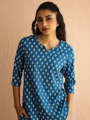 Blue Round Neck Viscose Rayon Printed Ethnic Motifs Night Suit for Women - SanskrutiHomes 