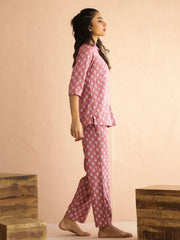 Mauve Round Neck Viscose Rayon Printed Ethnic Motifs Night Suit for Women - SanskrutiHomes 