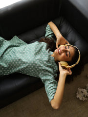Sea Green Round Neck Viscose Rayon Ethnic Motifs Printed Night Suit For Women