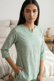 Sea Green Ethnic Motif Round Neck Night Suit For Women