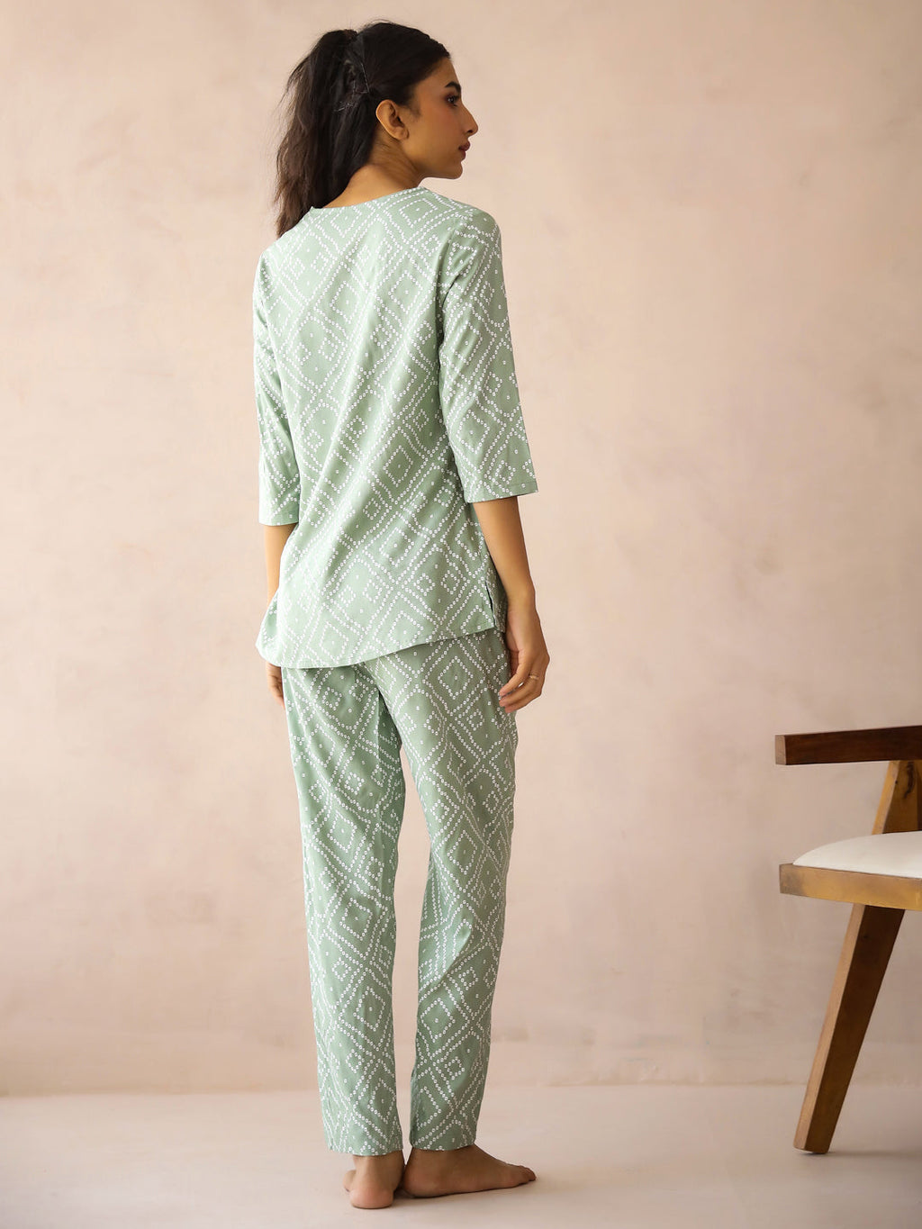 Sea Green Round Neck Viscose Rayon Printed Ethnic Motifs Night Suit for Women - SanskrutiHomes 