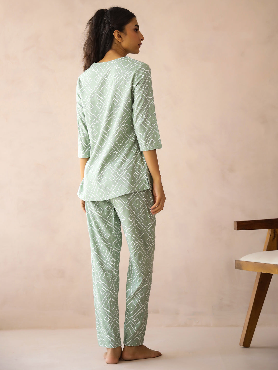 Sea Green Round Neck Viscose Rayon Printed Ethnic Motifs Night Suit for Women - SanskrutiHomes 