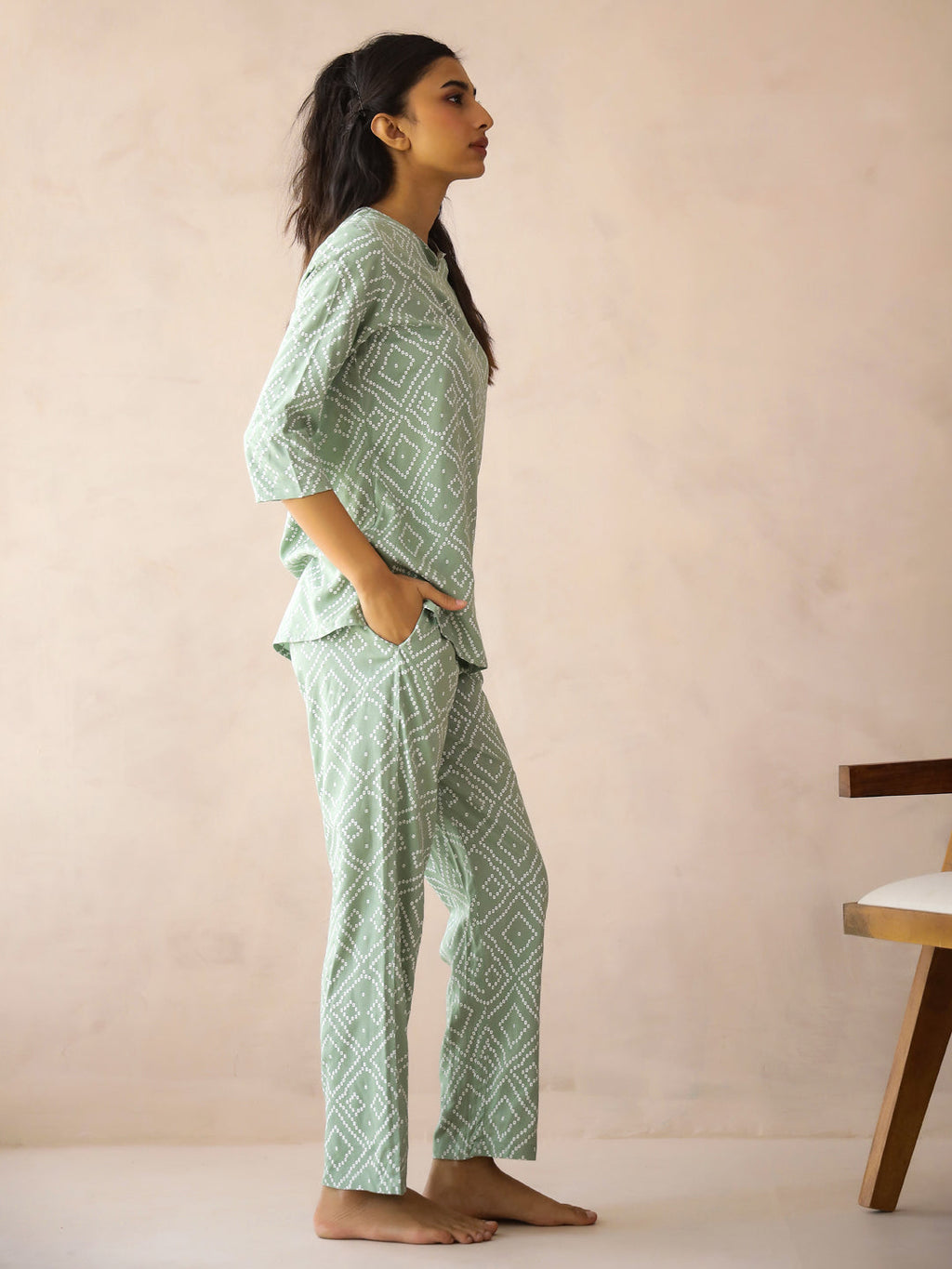 Sea Green Round Neck Viscose Rayon Printed Ethnic Motifs Night Suit for Women - SanskrutiHomes 