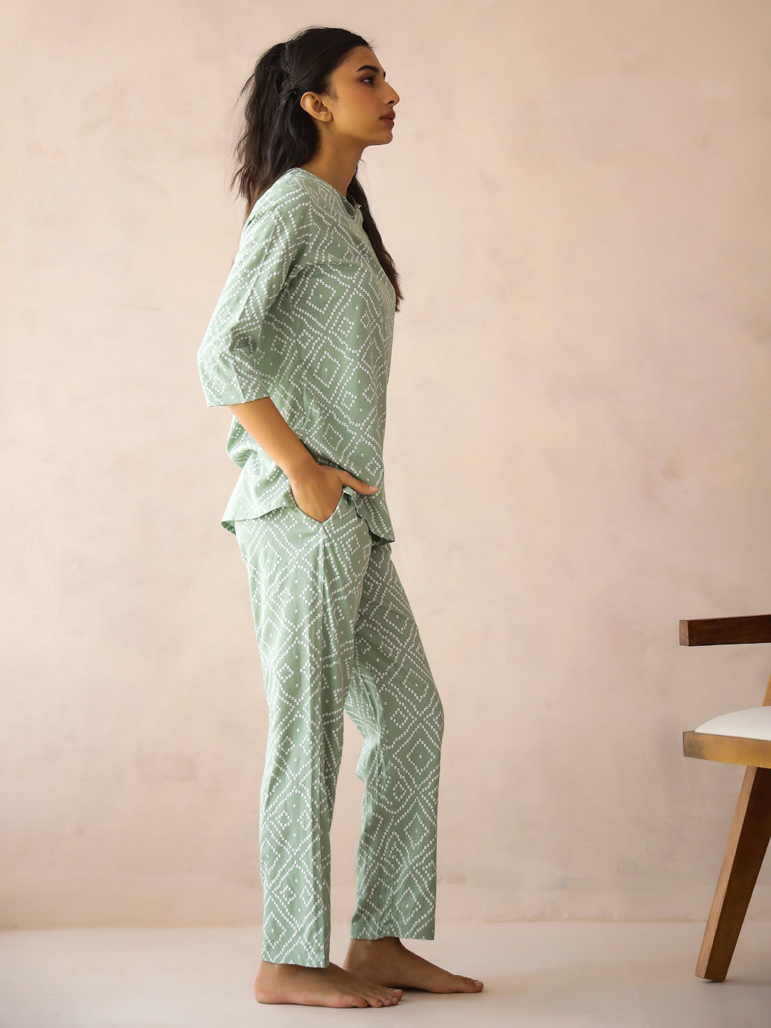 Sea Green Round Neck Viscose Rayon Printed Ethnic Motifs Night Suit for Women - SanskrutiHomes 