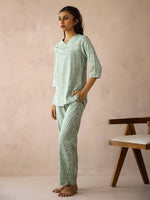 Sea Green Round Neck Viscose Rayon Printed Ethnic Motifs Night Suit for Women - SanskrutiHomes 