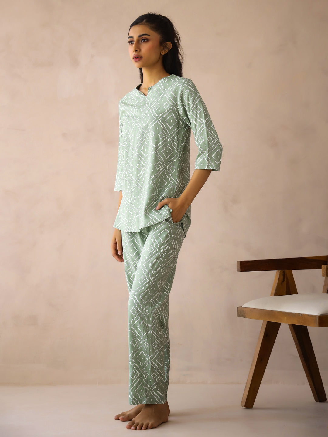 Sea Green Round Neck Viscose Rayon Printed Ethnic Motifs Night Suit for Women - SanskrutiHomes 