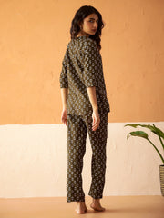 Olive Round Neck Viscose Rayon Printed  Night Suit For Women