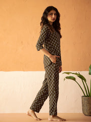 Olive Round Neck Viscose Rayon Printed  Night Suit For Women