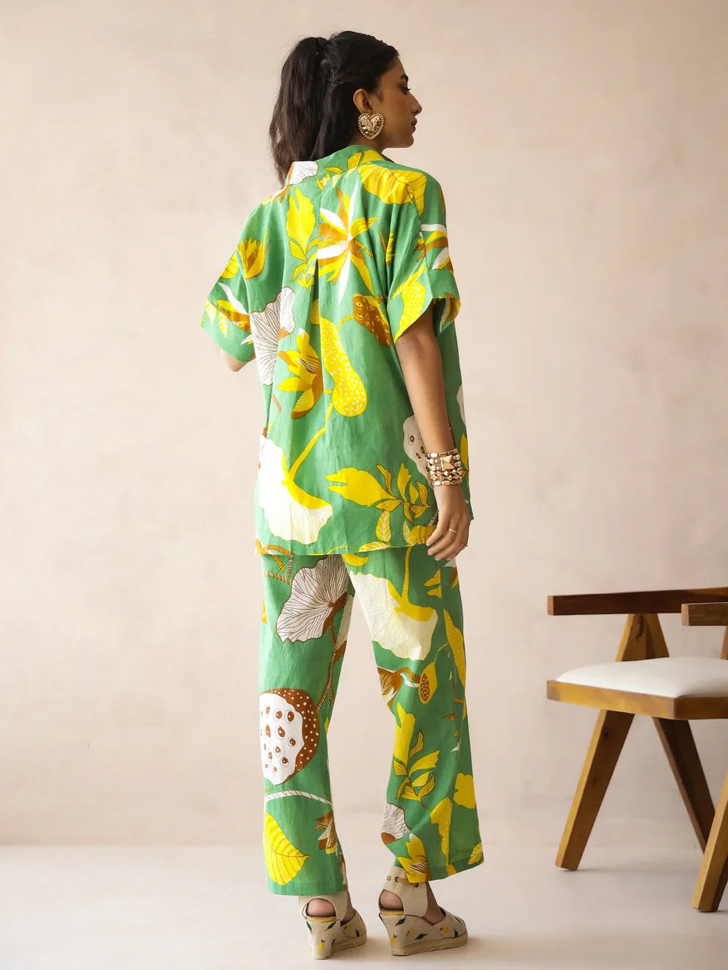 Green Shirt Collar Pure Cotton Printed Floral Night Suit for Women - SanskrutiHomes 