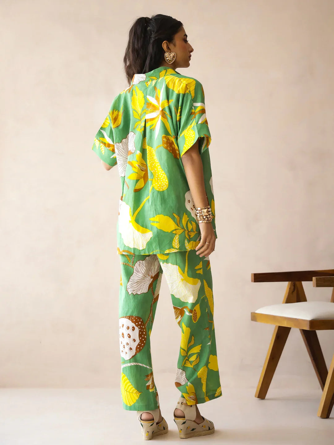Green Shirt Collar Pure Cotton Printed Floral Night Suit for Women - SanskrutiHomes 