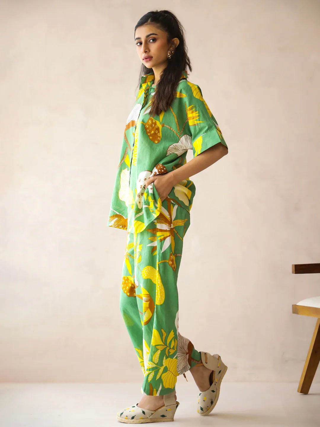 Green Shirt Collar Pure Cotton Printed Floral Night Suit for Women - SanskrutiHomes 