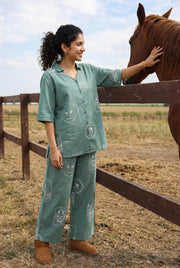 Green Abstract Shirt Collar Pure Cotton Night Suit For Women