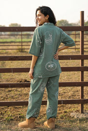 Green Abstract Shirt Collar Pure Cotton Night Suit For Women