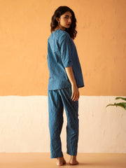 Blue Round Neck Pure Cotton Striped Printed Night Suit For Women