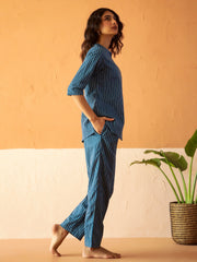 Blue Round Neck Pure Cotton Striped Printed Night Suit For Women