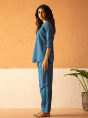 Blue Round Neck Pure Cotton Striped Printed Night Suit For Women