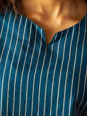 Blue Round Neck Pure Cotton Striped Printed Night Suit For Women