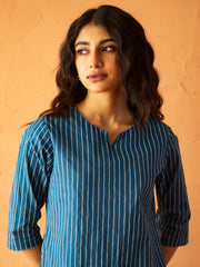 Blue Round Neck Pure Cotton Striped Printed Night Suit For Women