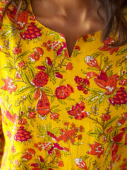 Yellow Round Neck Pure Cotton Printed Floral Night Suit For Women