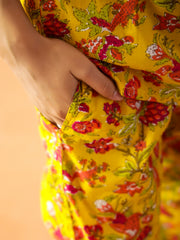 Yellow Round Neck Pure Cotton Printed Floral Night Suit For Women