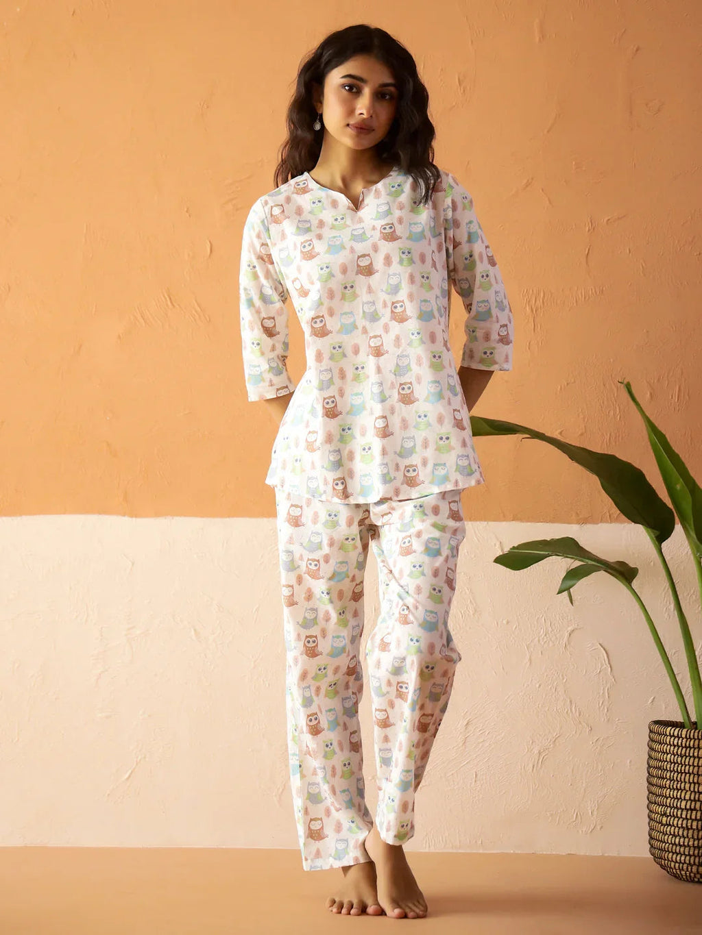 White Round Neck Pure Cotton Animal Printed Night Suit for Women - SanskrutiHomes 