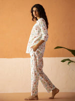 White Round Neck Pure Cotton Animal Printed Night Suit for Women - SanskrutiHomes 