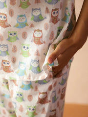 White Round Neck Pure Cotton Animal Printed Night Suit for Women - SanskrutiHomes 