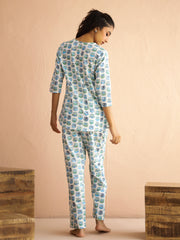 White Round Neck Pure Cotton Printed Animal Night Suit For Women