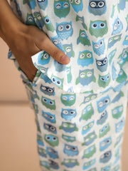 White Round Neck Pure Cotton Printed Animal Night Suit For Women