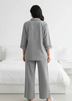 Grey Pure Cotton Striped Print Lapel Collar Night Suit for Women - SanskrutiHomes 