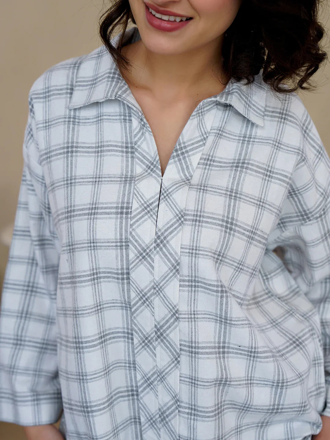 White Shirt Collar Pure Cotton Checked Winter Night Suit for Women - SanskrutiHomes 