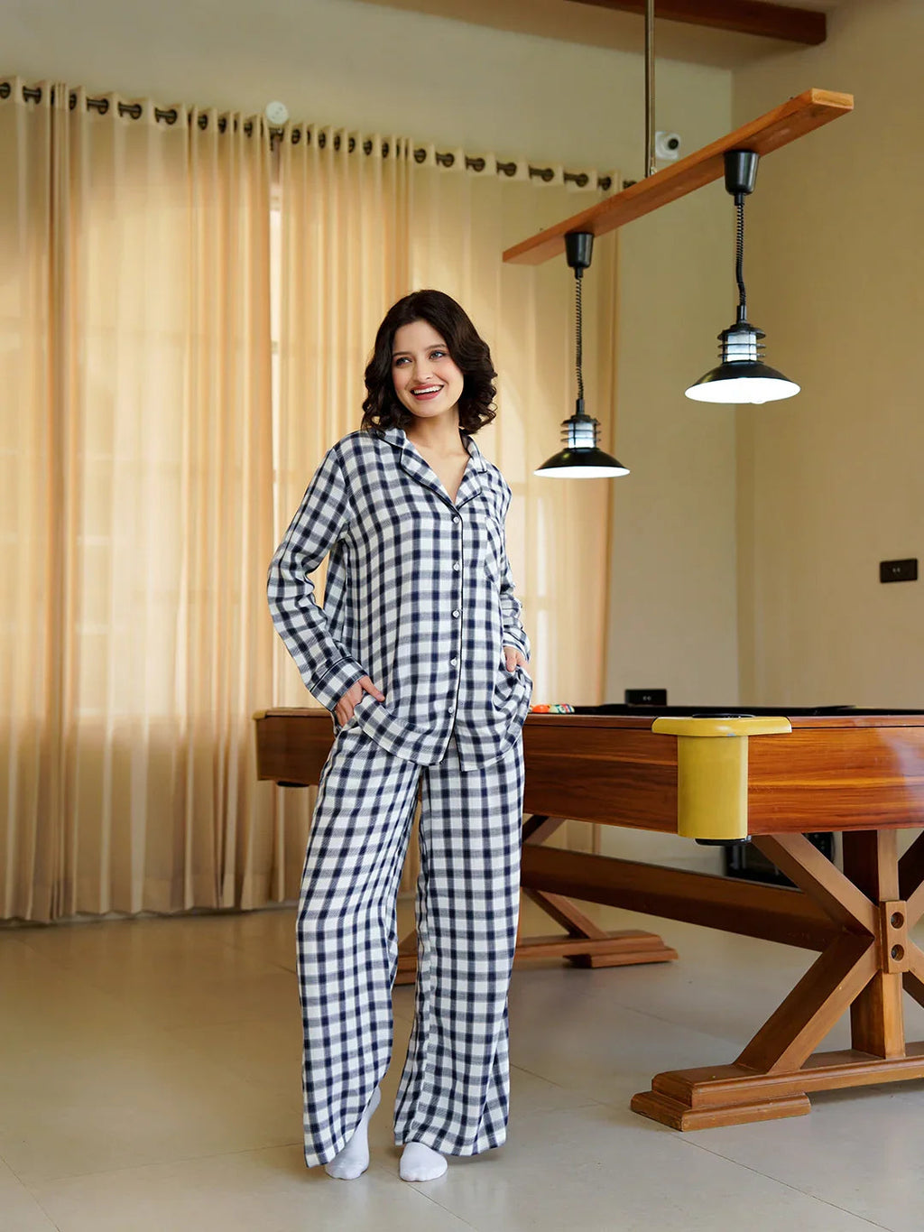 Blue Lapel Collar Pure Cotton Checked Winter Night Suit for Women - SanskrutiHomes 