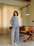 Blue Lapel Collar Pure Cotton Checked Winter Night Suit for Women - SanskrutiHomes 