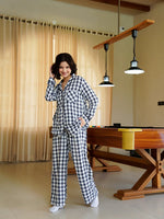 Blue Lapel Collar Pure Cotton Checked Winter Night Suit for Women - SanskrutiHomes 