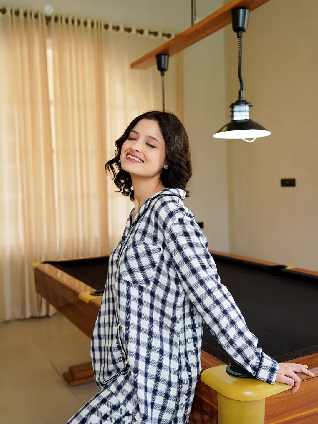 Blue Lapel Collar Pure Cotton Checked Winter Night Suit for Women - SanskrutiHomes 