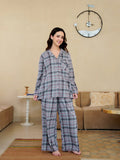 Grey V-Neck Pure Cotton Checked Winter Night Suit for Women - SanskrutiHomes 