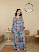 Grey V-Neck Pure Cotton Checked Winter Night Suit for Women - SanskrutiHomes 