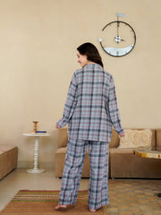Grey V-Neck Pure Cotton Checked Winter Night Suit for Women - SanskrutiHomes 